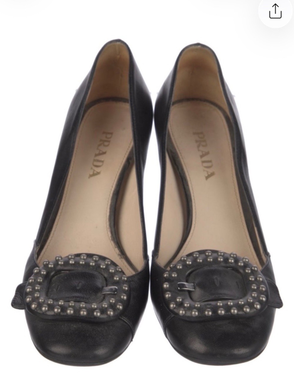 Prada Navy Leather Pumps Size 6 Studded Buckle Block Mid Heel Office Classic